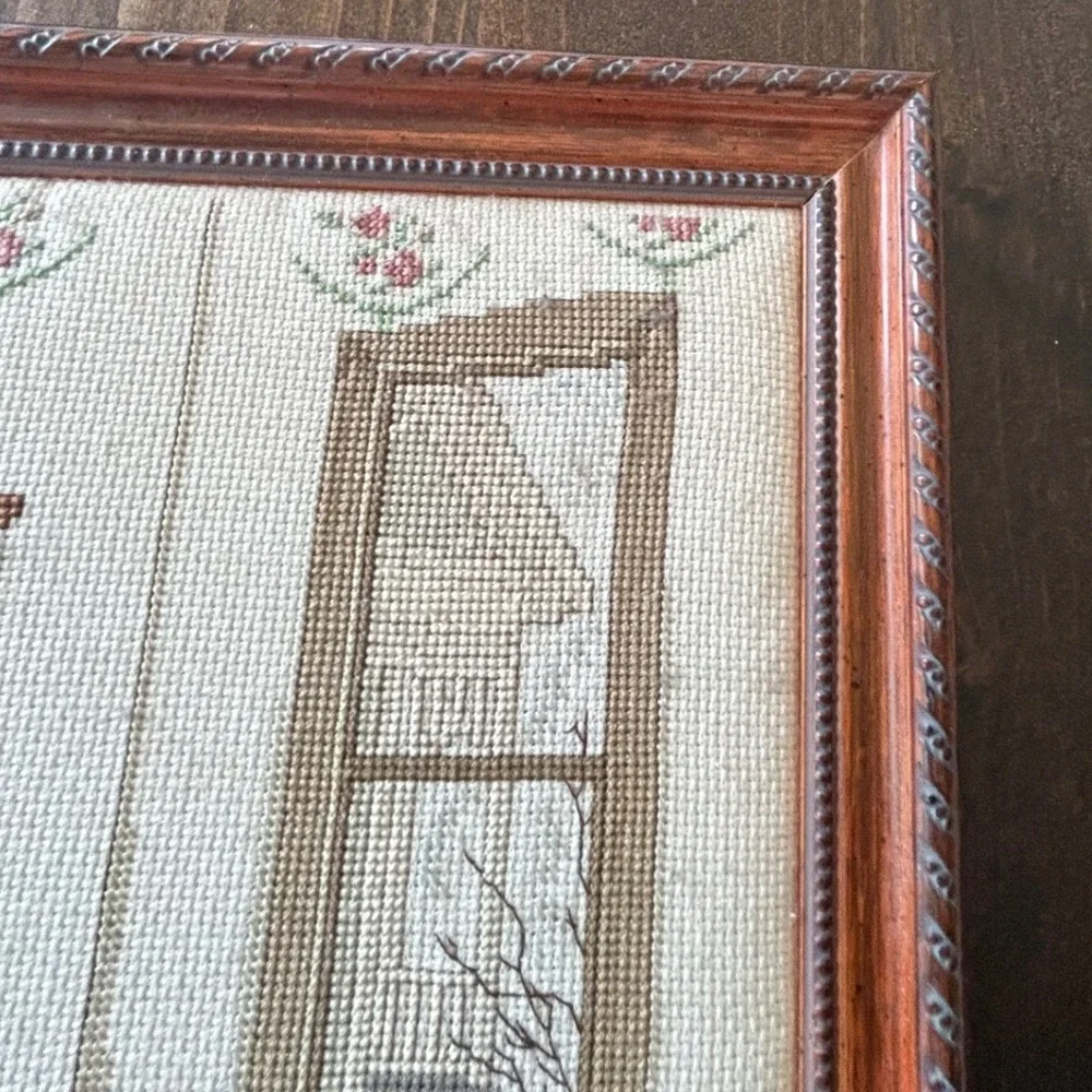 Vintage 90s Cross Stitch Wall Art Framed Victorian Bridal Wedding Cottagecore